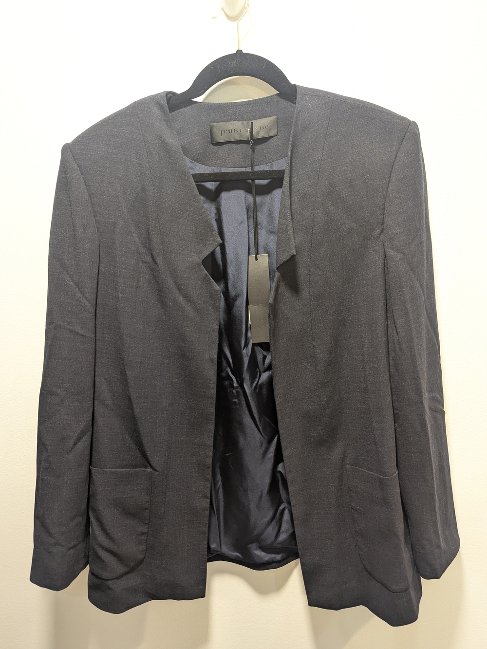 Jenni Kayne Navy Collarless Open-Front Wool Blazer Medium NWT Quiet Luxury FLAW